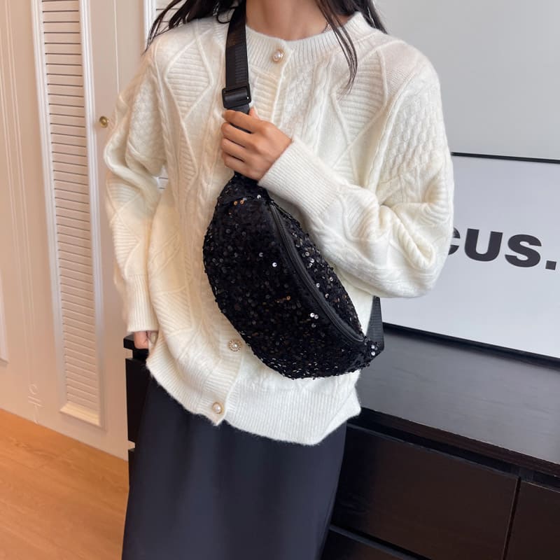 femme sac banane noir paillette